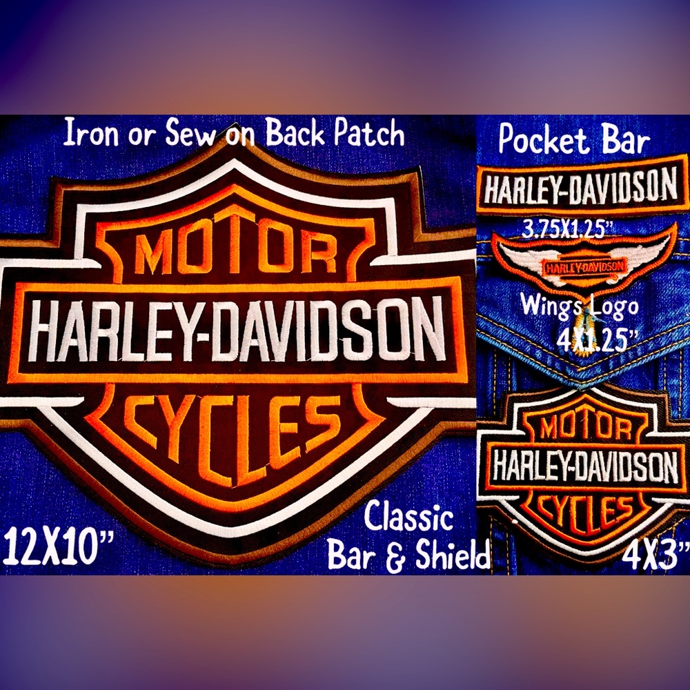 4 Harley Davidson Patch Classic Orange LARGE BACK & small BAR & SHIELD + 2 More!
